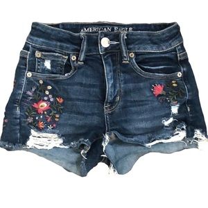 American Eagle Outfitters Dark Blue Jean Shorts with Floral Embroidery